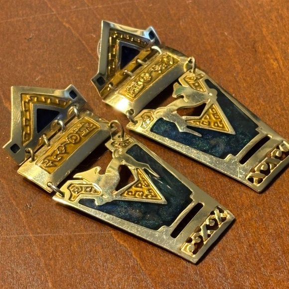 Vintage Edgar Berberi Blue Enamel Inlay and Gold Tone Pierced Earrings - Picture 3 of 8